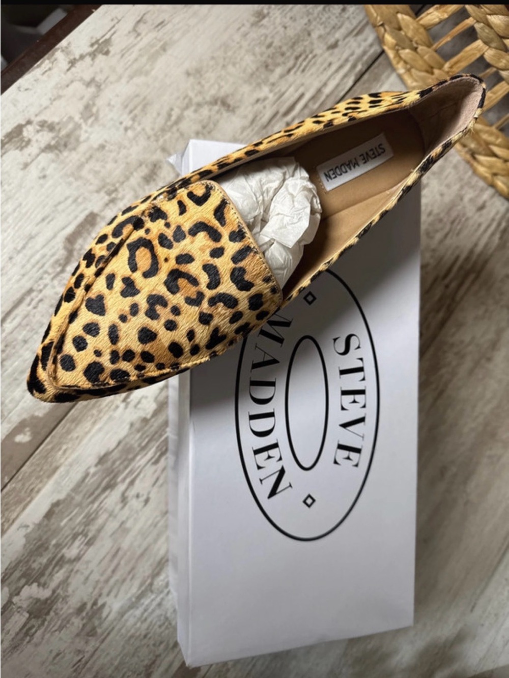 Steve Madden Leopard-Print Pointed Slip-On Flat in Tan and Black